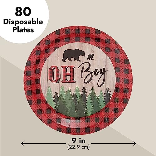 BLUE PANDA Lumberjack Baby Shower Paper Plates - 9 in, 80 Count, Buffalo Plaid - Oh Boy Plates for Baby Shower & Durable Party Supply Decor for Boy Party - Image 3