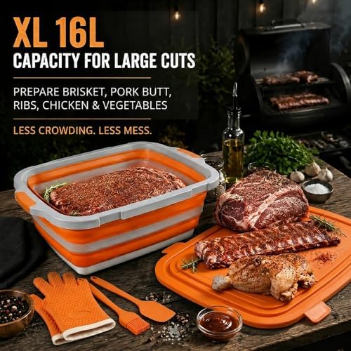 Collapsible BBQ Prep Tub with Lid & Integrated Cutting Board, 16L XL Meat Marinating Basin with Drain Plug, Foldable Grill Prep Station with Heat-Resistant Gloves, Brush & Spatula (X-Large, 16L) - Image 2