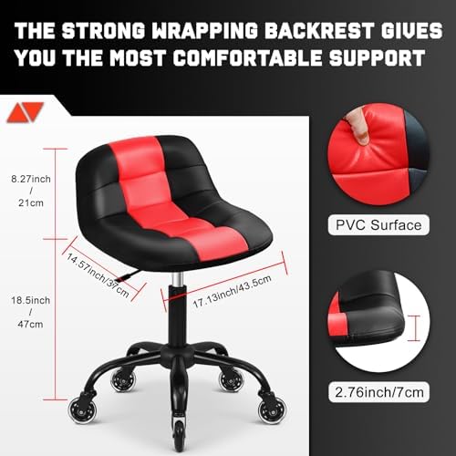 Rolling Shop Stool with Wheels, Rolling Short Stool with Back Support, 360° Swivel Garage Chair, Height Adjustable Chair 330lb Heavy Duty for Spa Salon Massage Tattoo (Red) - Image 2
