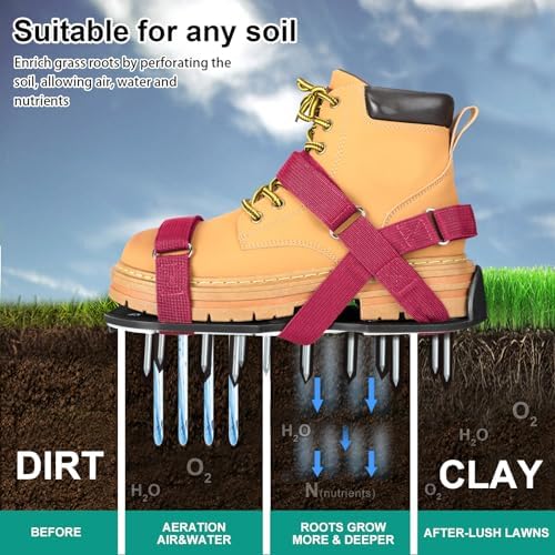 Lawn Aerator Shoes for Grass - Pre-Assembled Grass Aerator Shoes for Lawn - Soil Yard Aerator Tool for Aerating Patio Garden, Red, Medium Size - Image 5