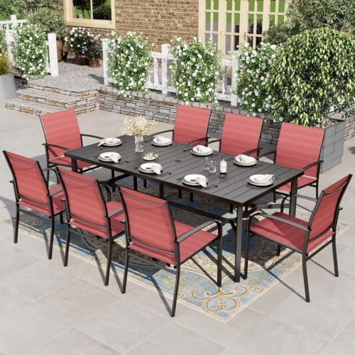 HERA'S HOUSE 9pc Outdoor Patio Dining Set for 8, Textilene Chairs, Red by HERASHOUSE