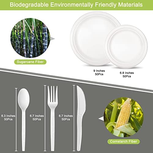 Unves 250 Pcs Compostable Paper Plates Set with Extra Long Utensils, White - Image 3