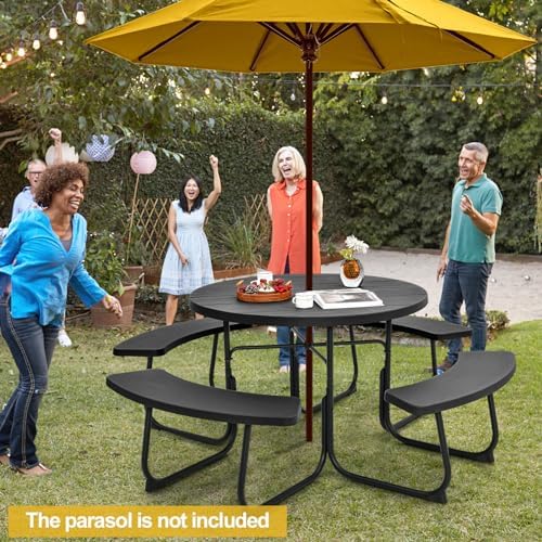 Tangkula 8 Person Round Picnic Table with 4 Built-in Benches, Black - Image 2
