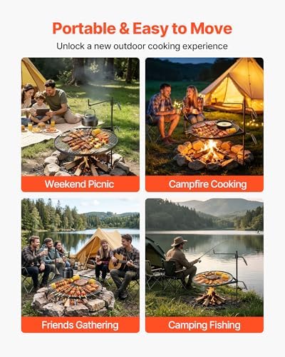VEVOR Heavy Duty Swivel Campfire Grill, 24.4" Round Portable Camping Grill Grate, Sturdy Steel BBQ Mesh, 360° Height Adjustable Over Fire Pit with Support Rod, for Outdoor Open Flame Cooking, Black - Image 7