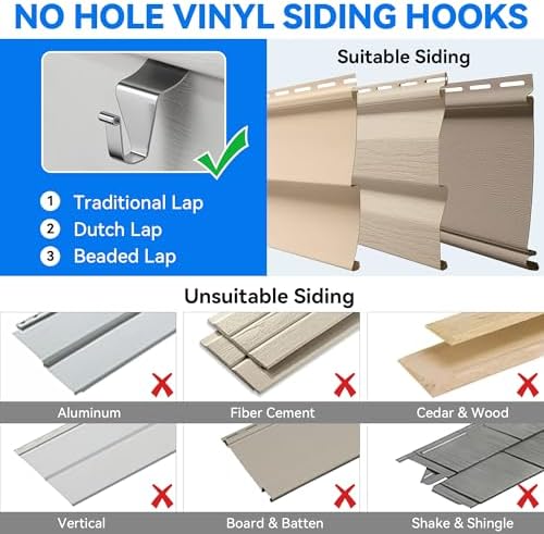 MIUKAA No-Hole Vinyl Siding Hooks, 8-Pack Stainless Steel Clips, 12lbs Load - Image 6