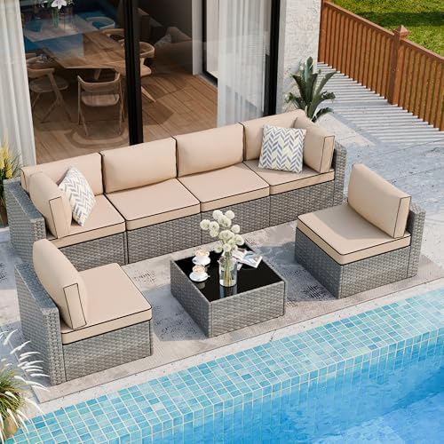 Shintenchi 7 Piece Outdoor Patio Furniture Set with Silver PE Rattan, Khaki by Shintenchi%7CFurnitureMadeforRealLife