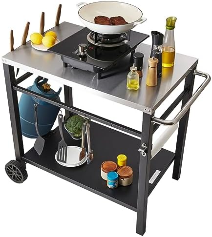 VEVOR Outdoor Grill Dining Cart with Double-Shelf, BBQ Movable Food Prep Table, Multifunctional Stainless Steel Table Top, Portable Modular Carts for Pizza Oven, Worktable with 2 Wheels, Carry Handle by VEVOR