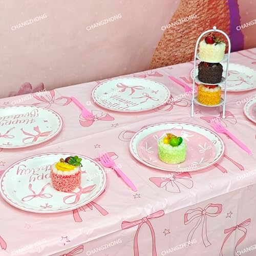 50 Pcs Pink Bow Birthday Decorations Plates, Napkins and Tableware - Image 6