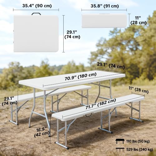 Outsunny 6FT 3-Piece Portable Picnic Table Bench Set Folding Handles White - Image 3