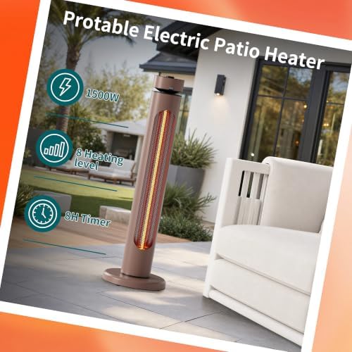 Patio Heater for Outdoor 1500W 8 Heat Levels 8H Timers Oscillation Carbon Fiber Heating Tip-Over&Overheat Protection Waterproof Electric Infrared Heater with Remote Brown - Image 3