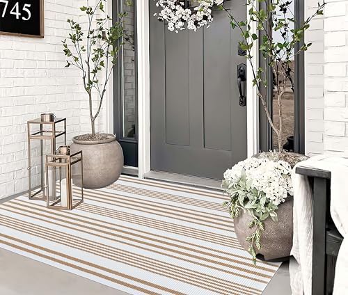 Fall 3'x 5'Outdoor Rug,Khaki White Striped Front Porch Mat Indoor Area Rug - Image 7