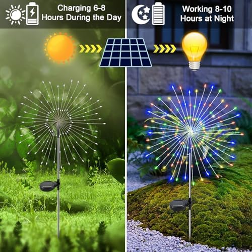 Solar Garden Lights Outdoor, 2 Pack 120 LED Twinkling Firework Lights Decorative with 2 Modes, Outdoor Waterproof Solar Starburst Light for Outside Yard Pathway Garden Decor, Multicolor - Image 2