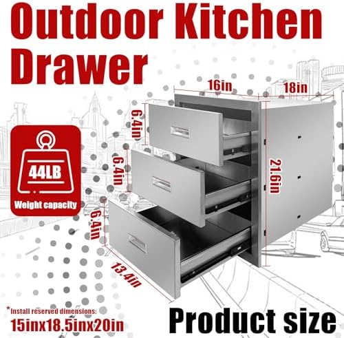 Outdoor Kitchen Triple Layer Drawer 16'' W x 21.6'' H x 18'' D Flush Mount BBQ Access Drawers Stainless Steel BBQ Island Drawers with Handle Suitable for Outdoor Kitchen Island Grill Station - Image 3