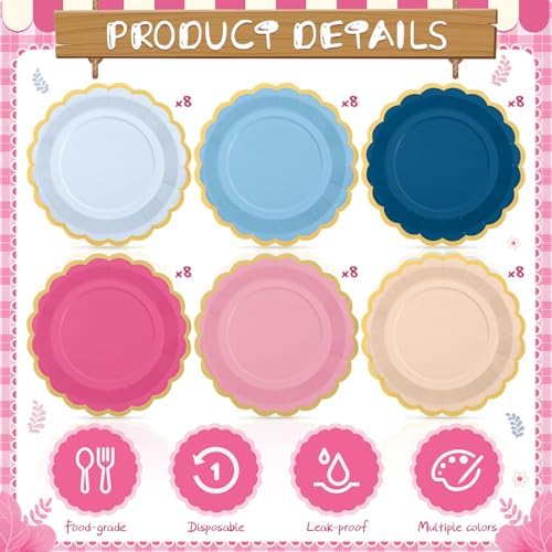 48 Pcs Pink and Blue Paper Plates 9 Inch Scalloped - Image 2