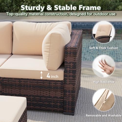 Aoxun 10 Piece Outdoor Patio Furniture Set with 44'' Fire Pit Table, Outdoor Patio Furniture Sets with Coffee Table, Wicker Rattan Outdoor Conversation Set with Ottoman for Backyard & Garden, Beige - Image 3