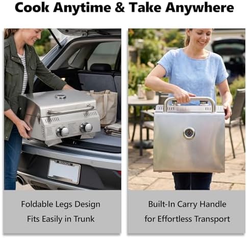 Bonnlo 2 Burner Portable Gas Grill, 20,000 BTU Tabletop Camping Grill with Ignition & Lockable Lid, Stainless Steel Propane Grill with Foldable Legs & Thermometer for Outdoor Patio BBQ RV Use - Image 4