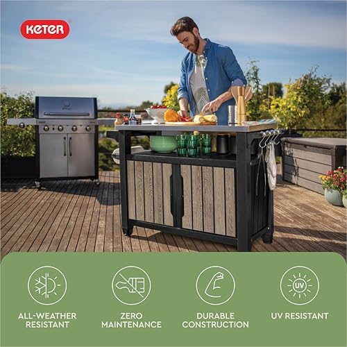 Keter Unity XL Outdoor Entertainment Cart with Wood‑Look Finish, 78‑Gallon Patio Storage Cabinet, Food Prep Station, Stainless‑Steel Top for BBQ, Grill, Patio, Deck & Backyard, Ashwood - Image 6