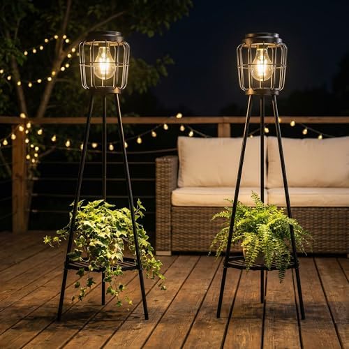 VISFLAIR 2 Pack Solar Lights with Plant Stand, Outdoor Floor Lamp, Waterproof Solar LED Edison Bulb Floor Lamps for Patio Porch Deck Yard Garden Decor by VISFLAIR