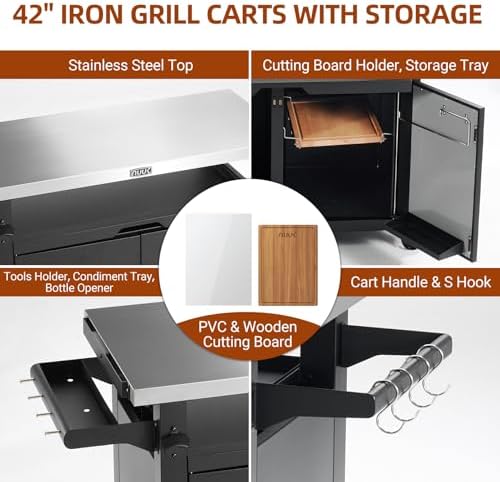 NUUK Outdoor Grill Cart with Storage Cabinet Metal Kitchen Island Prep Table with Movable Universal Wheels and Stainless Steel Top for Outside BBQ Backyard Include Hooks Spice Rack - Image 6