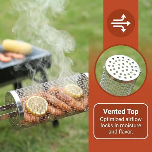 Rolling Grill Basket Set, 2‑Piece Stainless Steel Grilling Baskets, Nesting Design with Removable Wooden Handle, Perfect for Vegetables, Shrimp, Camping, Backyard BBQ – Ideal Grilling Gift for Men - Image 6