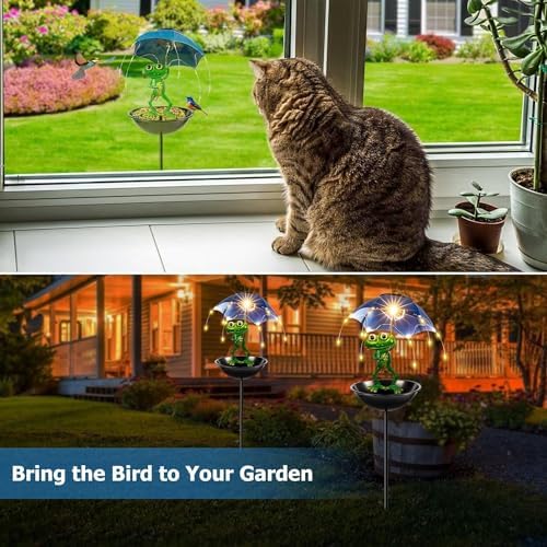 Solar Bird Feeder Frog Garden Decor, Outdoor Solar Lights Frog Figurine Lights with Umbrella, Hummingbird Feeder Decorative Path Lights Gardening Gifts for Women, Yard Art Ornament Bird Feeder - Image 4