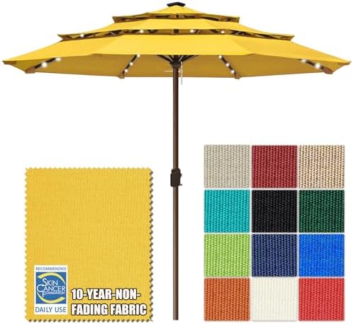 EliteShade USA 10-Year-Non-Fading 10ft 3-Tier Market Patio Umbrella, Commercial Table Umbrella with 80 Solar LED Lights, Crank Open, Windproof & UPF 50+ UV Protection for Garden, Deck, Pool, Backyard, No Tilt, Sunflower Yellow by EliteShade