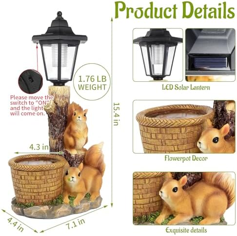 Solar Squirrels Outdoor Statues, Garden Sculpture with Flowerpot & Lantern - Image 3