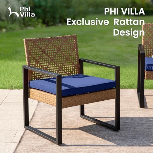 PHI VILLA 4 Piece Brown Wicker Patio Furniture Set with Navy Cushion - Image 4
