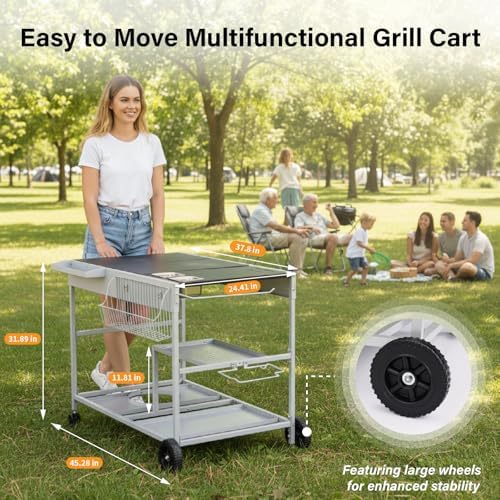 VINGLI Pizza Oven Grill Table Cart, Movable Food Prep Cart with Pizza Topping Station, Seasoning Boxes, Gas Bottle Space, Outdoor Table Stand for Griddle, Patio, Home, Parties - Image 4