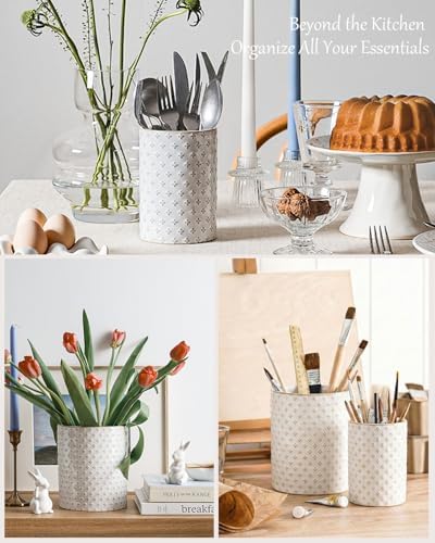 LE TAUCI Kitchen Utensil Holder for Countertop - 7.1"+5.4" Ceramic Utensil Crock Set of 2, Large Cooking Utensil Organizer for Spatula, Spoon, Whisk - Farmhouse Storage, Embossed, Clover - Image 4