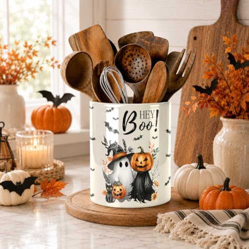 Halloween Cute Ghost Kitchen Utensil Holder, Pumpkin Talavera Large Ceramic Utensil Holder For Countertop Organizer, Summer 6.3'' Cooking Utensil Crocks Scarry Decor Utensil Storage Cup for Kitchen - Image 3