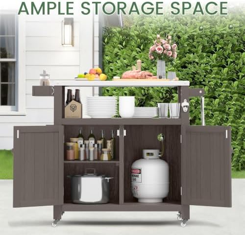 Weatherproof HIPS Outdoor Kitchen Island with Stainless Steel Top & Storage Cabinet, Movable Prep Table with Wheels for BBQ Food Prep, Outdoor Grill Cart for Parties, Cocoa Brown - Image 4