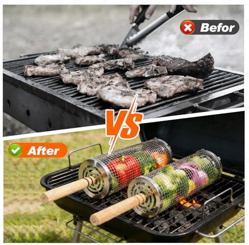 2PCS Rolling Grill Basket Grilling Accessories - Removable Wooden Handle, 304 Stainless Steel,Nesting Barbecue Tools,Smoker BBQ Accessories for Vagetable,Outdoor Cooking Camping,Picnic,Dinner Party,Gifts for Men Dad and Husband - Image 5