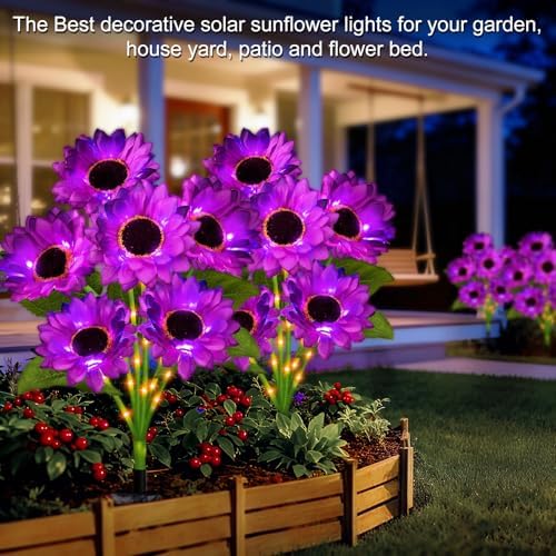 Solar Sunflower Lights Outdoor Garden Decor, 6 Pack Solar Purple Flowers Lights with 36 Sunflowers, Waterproof Fall Decor Stake Decorative Light Auto ON/Off for Garden Yard Patio, Gift for Women - Image 5