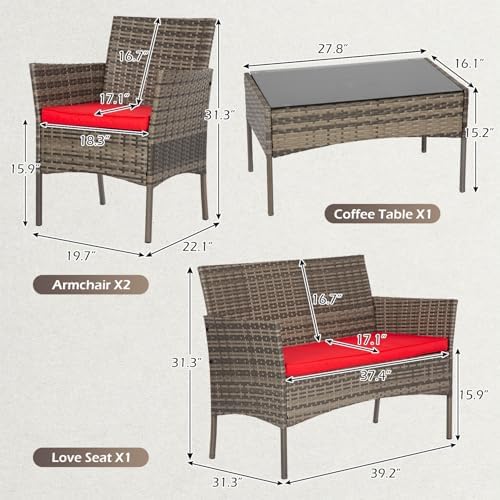 FDW 4-Piece Patio Furniture Set | Gray & Red |Outdoor Wicker Furniture - Image 3