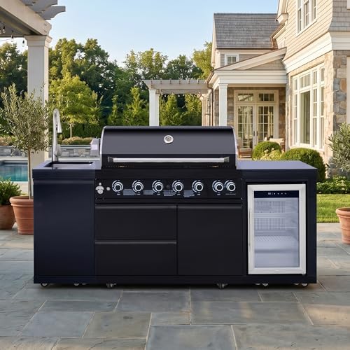 82 Inch Outdoor Kitchen Island, 6 Burner Propane Gas BBQ Grill 83500 BTU, 304 Stainless Steel Black Grill Station with Sink, Refrigerator, Rotisserie, For Backyard BBQ, Black by Dvasovio