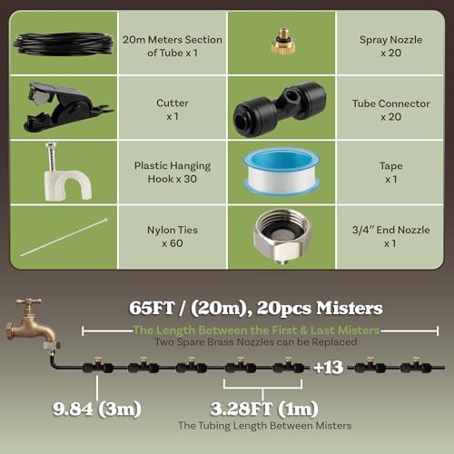 Water Mister Outdoor Patio Cooling System with 65ft Tubing, 20 Mist Nozzles, and 3/4” Standard Connector - DIY Plant Mister for Canopy, Garden, Greenhouse, Trampoline or Deck Umbrella by Pure Garden - Image 5