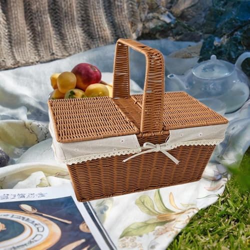 Imitation Rattan Picnic Basket Picnic Hamper Woven Storage Basket Fruit Basket for Bread Fishing Garden BBQ Outdoor Camping- Style B - Image 5