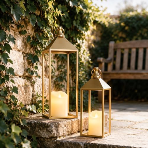 Set of 2 Decorative Lanterns with Candles, Gold Metal Lanterns Decor - Image 5