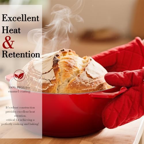 Umite Chef 6QT Enameled Cast Iron Dutch Oven with Lid, Versatile Heavy-Duty Cookware Pot for Baking Bread, Braising, Soups & Stews, Oven & Stovetop Safe with Heat Resistant Gloves（Red） - Image 3