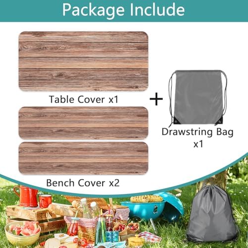 Picnic Table Cover with Bench Covers Camping Essentials Farmhouse Outdoor Table Covers Wood Grain Waterproof Windproof Fitted Tablecloth Cover with Elastic Edge for Indoor & Outdoor 3 PCS 30x72 Inch - Image 7