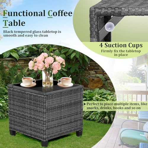 RELAX4LIFE 3 Piece Patio Furniture Set, Wicker Bistro Conversation Set w/2 Cushioned Armchairs & Glass Topped Table, Outdoor Rattan Sofa Set Patio Furniture for Porch Balcony Poolside (Grey-Turquoise) - Image 5