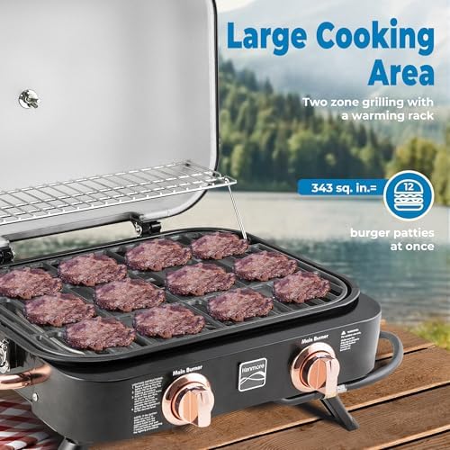 Kenmore 2-Burner Portable Gas Grill, Tabletop BBQ Grill with Warming Rack, Foldable Legs, Stainless Steel Burners, Fits 5 & 20 lb Propane Tanks, Ideal for Camping & Tailgating, Black & Copper - Image 4