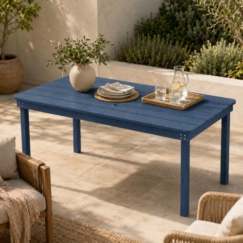 64" Rectangular Outdoor Dining Table, All-Weather HDPE Patio Table for 6-8 Person, Large Composite Wood Furniture with Umbrella Hole for Backyard Deck Garden Poolside, Navy Blue by PatioKingdom