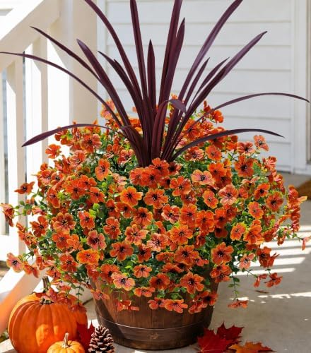 Fall Flowers Artificial Mums for Outdoors Autumn Decor, 12 Bundles Orange Fake Fall Mums with 1 pcs Burgundy Orchid Leaf UV Resistant Look Real Faux Flowers for Outside Planter Home Porch Patio Yard by florisso