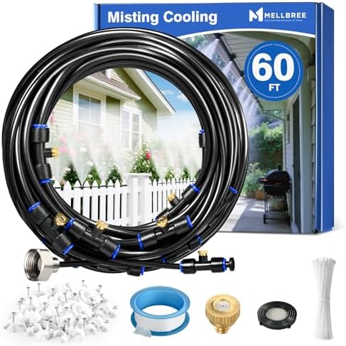 Mellbree Misters for Outside Patio 60FT/18M, Pre-Assembled Misting Cooling System with 19 Brass Nozzles & 3/4" Adapter, Outdoor Mister for Garden, Backyard, Pool, Greenhouse, Play Area, Trampoline by Mellbree