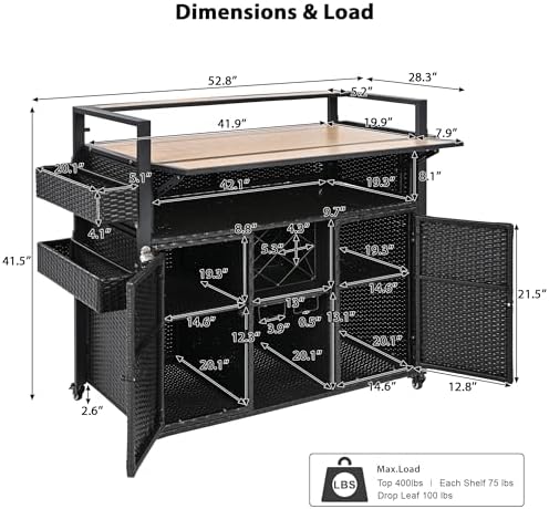 LUMISOL Outdoor Storage Cabinet with Extended Table Top, Outdoor Grill Cart with Storage Cabinet, 52.8" W Kitchen Island on Wheels for Backyard Garden, Double Handle, Black - Image 2