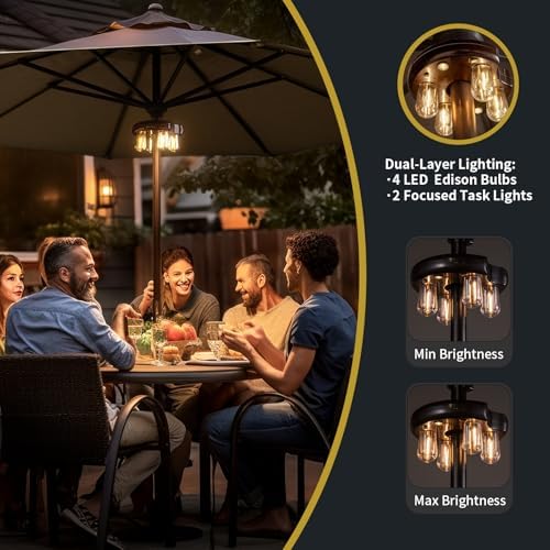 Patio Umbrella Light with Remote Control, Rechargeable Cordless LED Edison Bulbs Pole Light with 10 Brightness Levels for Garden, Patio, Backyard, Camping or BBQ - Brown (2 Pack) - Image 5