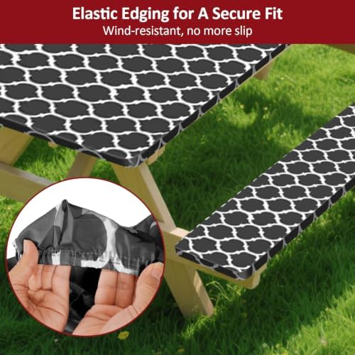 7ft 84in Picnic Table and Bench Cover, 3 Pack, Black-White Moroccan - Image 4