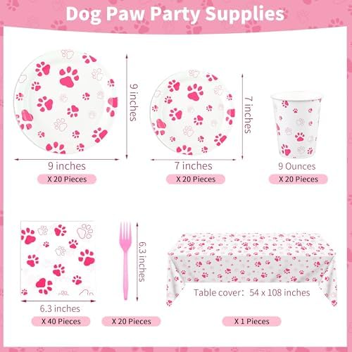 Kochorie 121 Pieces Pink Dog Paw Print Party Supplies Tableware Set - Image 2